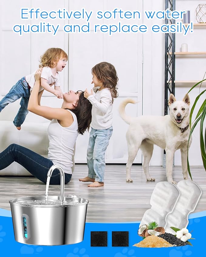 12+12 Pack Water Filter for Cat Fountain Compatible with 2.2L, 2.6L Stainless Steel Cat Fountains - Activated Carbon + Ultra-fine Fiber for Clean Pet Drinking