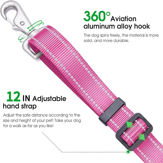 Hands-Free Dog Leash, Heavy Duty No-Pull Training Lead w/Anti-Tangle, Double Padded Traffic Handles Adjustable 5-5.6FT & Reflective Thread for Medium Large Dogs for Running/Walking Pink