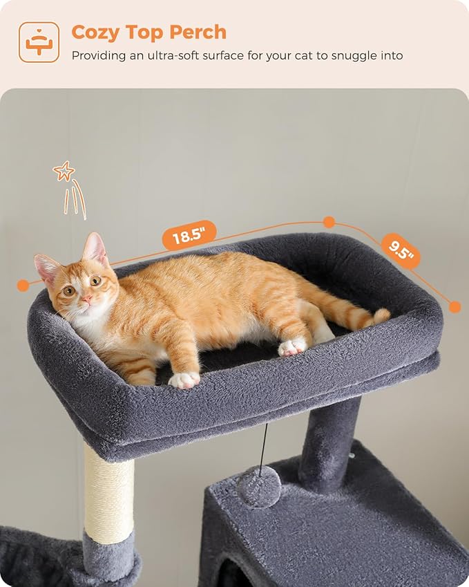 Cat Tree for Large Cats Adult with Super Large Top Perch, 56.3" Tower with Plush Hammock, Shelves and Dangling Pompom, Scratching Posts and 2 Condos House, Dark Gray