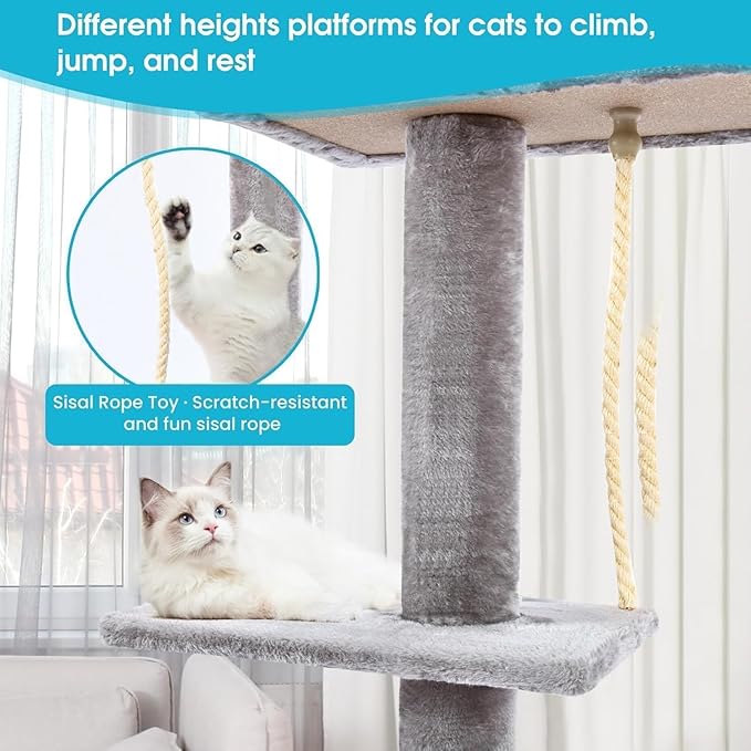 Cat Tree 5-Tier Floor to Ceiling, Cat Climbing Tree for Indoor Cats, 89-109 Inch Adjustable Height Cat Tower with Cozy Hammock, Grey