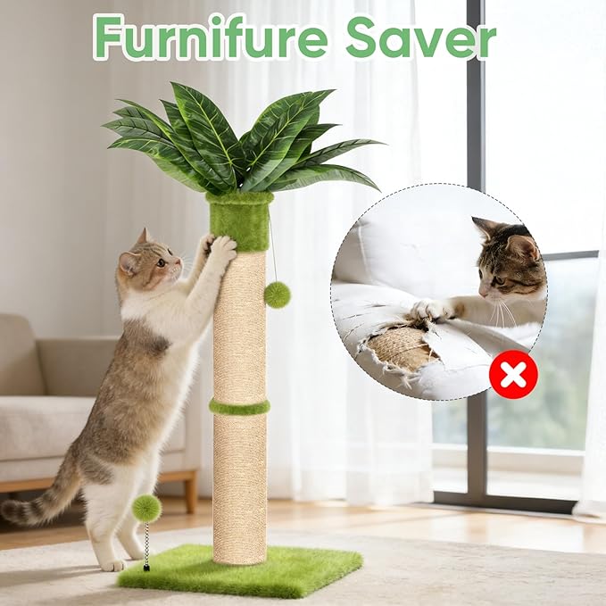 XiaZ Cat Scratching Post 34'' Tall, Cat Tower Scratcher Extra Wide 15.8" Stable Base with 4 Non-Slip Pads, 2 Toy Balls, Natural Sisal & Plush Fabric for Small Medium Large Cats (Green, 4.5in)
