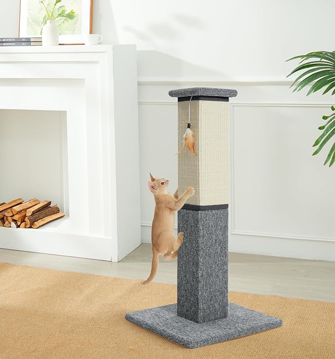 Made4Pets Cat Scratching Post, 32 Inch Natural Sisal & Carpet Covered Cat Scratcher with Kitten Toy, Dual-Material Tall Scratching Post for Indoor Cats Adults and Kittens, Beige