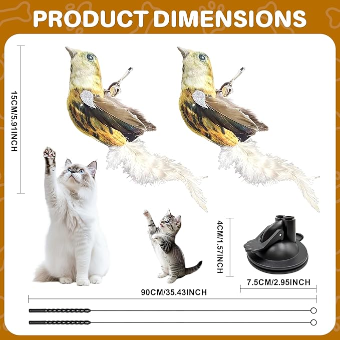 Interactive Cat Toy — Realistic Bird Teaser Wand with Double-Head Suction Base and 2 Gray Bird Attachments for Indoor Self-Play, Exercise & Enrichment for Kittens, Adult Cats & Multi-Cat Homes