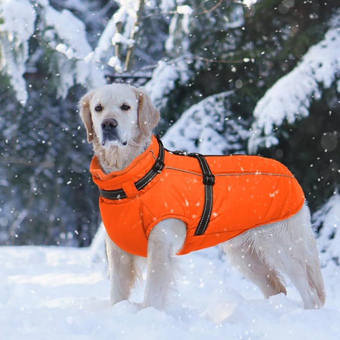 Lelepet Dog Winter Coat Waterproof Dog Jacket with Harness Built in Windproof Reflective Cold Weather Coats for Small Medium Large Dogs, Thermal Fleece Lined Coats for Walking Camping, Orange, XS