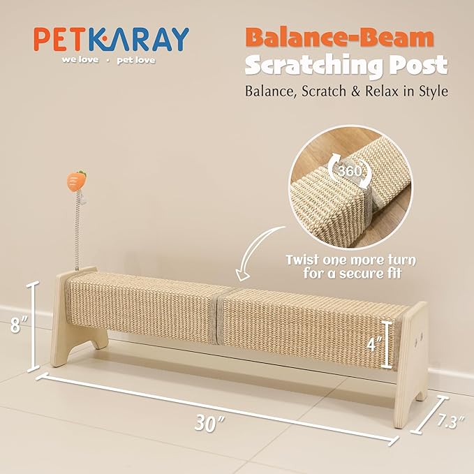 PETKARAY Horizontal Scratching Post, 30" Sisal Cat Scratch Pad, Large Cat Scratcher with Spring Toy, Protect Furniture for Indoor Kitten