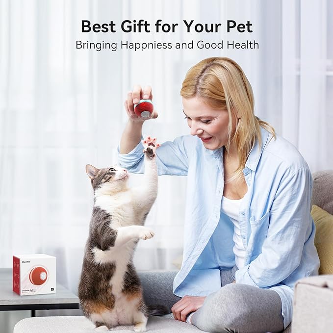 Cheerble Interactive Cat Ball Toy, Automatic Moving Ball Toy for Indoor Cat Kitten, Electric Pet Toy Fun Gift with Light, High Energy Cat Toys, Red