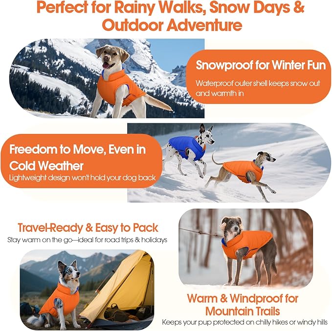 QBLEEV Reversible Dog Jacket for Large Dogs, Waterproof Windproof Winter Coat with Adjustable Hook & Loop Design, Lightweight Puffer Vest Keeps Dogs Warm & Dry, Orange, XL – Fits Pitbull, Boxer