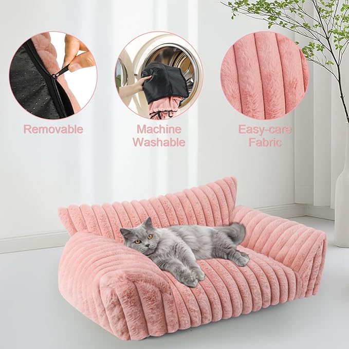 Cute Cat Couch Bed for Indoor Cats, Fluffy Pet Cat Sofa with Premium Soft Corduroy Fleece, Cute Small Dog Beds for Small Dogs, Fuzzy Puppy Chair with Removable Washable Cover (30x20x10,Pink)
