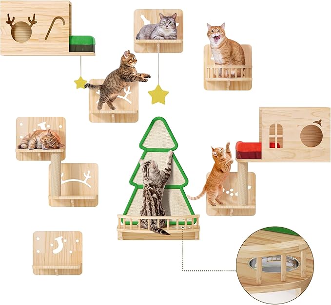 Cat Wall Shelves, 17-in-1 Solid Wood Wall-Mounted Cats Furniture Set with Scratching Post, Cat Climbing Wall Systems with Condos, House, Steps, Cushion, Small Bowl, Cats Shelf Furniture