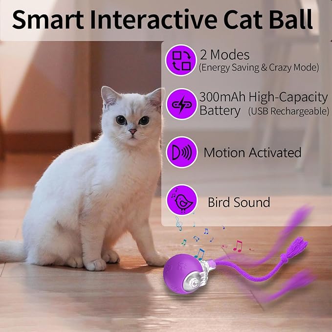 Interactive Cat Toys, Automatic Moving Cat Toys for Bored Indoor Adult Cats, Fast Rolling, Chirping & Motion-Activated Kitty Toys, Fun Gift for Cats with Speedy Tail 2.0, USB Rechargeable (Purple)