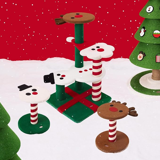 VETRESKA 18.1" Reindeer Cat Scratching Post, Two-Layer Soft Plush Platforms, Space-Saving Kitten Christmas Cat Scratch & Rest Furniture, Holiday Decoration