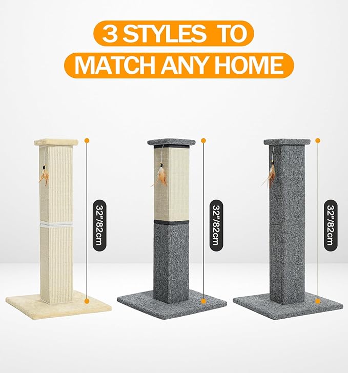 Made4Pets Cat Scratching Post, 32 Inch Natural Sisal Cat Scratcher with Kitten Toy, Tall Scratching Post for Indoor Cats Adults and Kittens, Beige