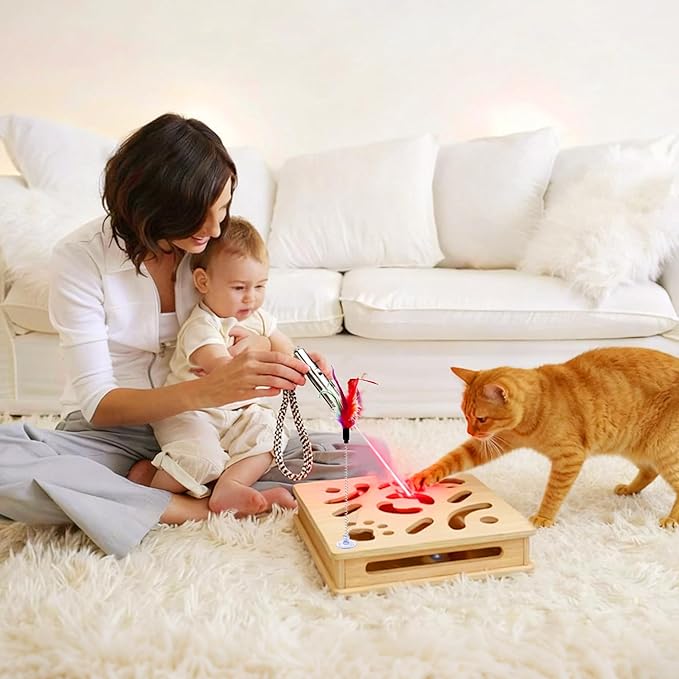 Cat Toy Set - Include 1 Interactive Wooden Puzzle Cat Toy Box & 7 in 1 Modes Adjustable Laser Pointer, Indoor Hunting Exercise Play Toy to Stimulate Your Cat’s Energy and Instincts
