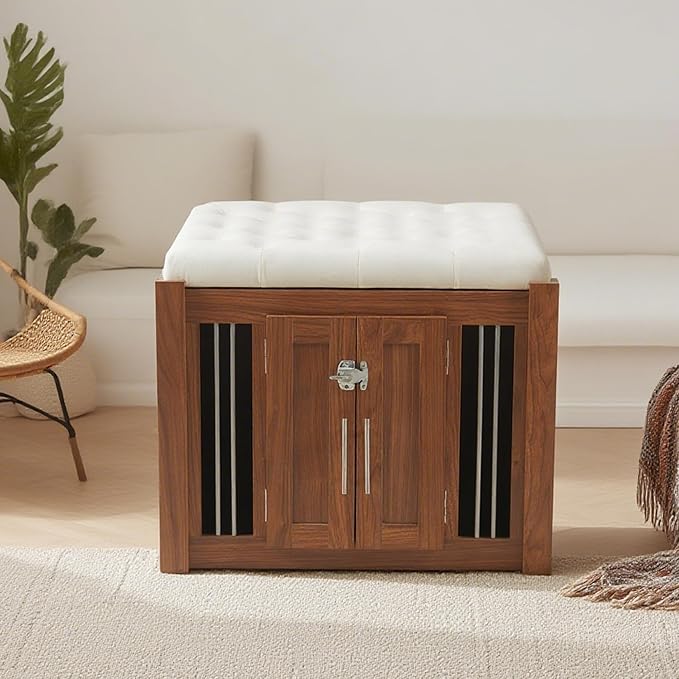 Dog Crate Furniture with Padded Seat, End of Bed Bench Ottoman with Cushion, Indoor Wooden Dog Kennel with Removable Base for Bedroom, Living Room, Walnut