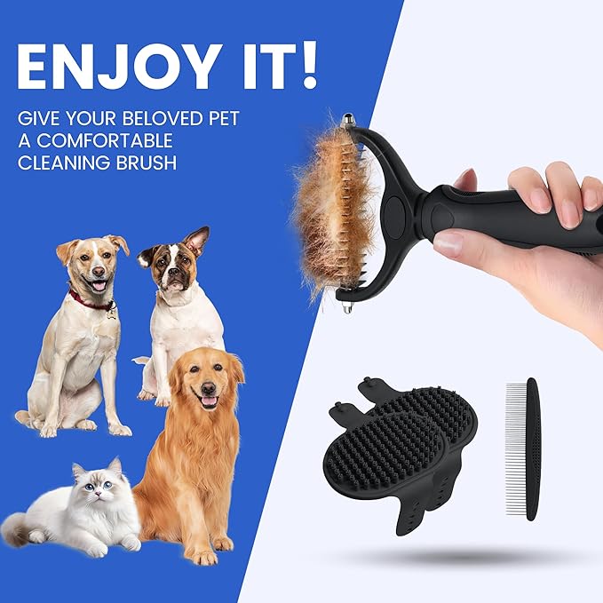 Double-Sided Pet Grooming Rake - 4-in-1 Professional Pet Grooming Kit, Deshedding Dematting Tool for Dogs, Cats, Extra-Wide Grooming Brush & Deshedder Comb for Long and Short Haired Pets(4PCS Black)