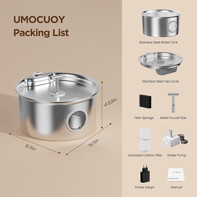 Cat Water Fountain Stainless Steel: Water Dispenser for Cats Indoor - Pet Dispenser Supplies Accessories - 16 Pack Cat Water Fountain Replacement Filters - 8 Multi-Functional Filters and 8 Sponges