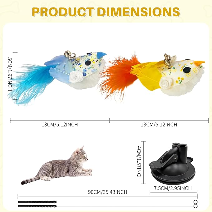 Walfront Interactive Cat Toy, Cat Teaser Wand with Double-Head Suction Base and 2 Realistic Bird Attachments for Indoor Self-Play and Exercise for Kittens and Adult Cats, Keeping Cats Playful & Happy