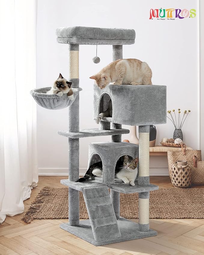 Cat Tree for Large Cats with Super Large Top Perch, 56.3" Cat Tower with Plush Hammock, Dangling Pompom, Cat Scratching Posts and 2 Condos House, Light Grey