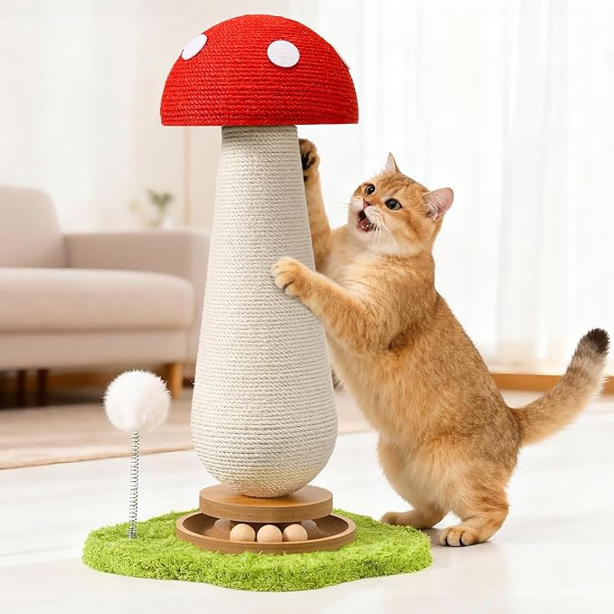 Cat Scratching Post for Indoor Cats,Cat Toys Scratcher Sisal Cat Scratch Posts for Kittens Adults with Interactive Track Ball & Spring Toy