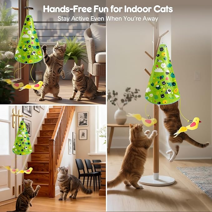 Interactive Cat Toys for Indoor Cats: 2 in 1 Automatic Hide and Seek Flying Bird Feather Wand Chirping Toy, Door Knob Moving Mouse Hunting Toys, Rechargeable Toys for Bored Kitten Adult Cats (Green)