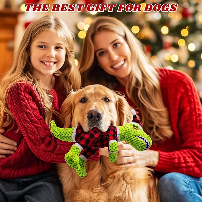 Christmas Dog Plush Toys- Squeaky Toy Dinosaur with Crinkle Paper- Interactive Funny Toys to Keep Your Dogs Engaged for Hours for Small and Medium Breeds