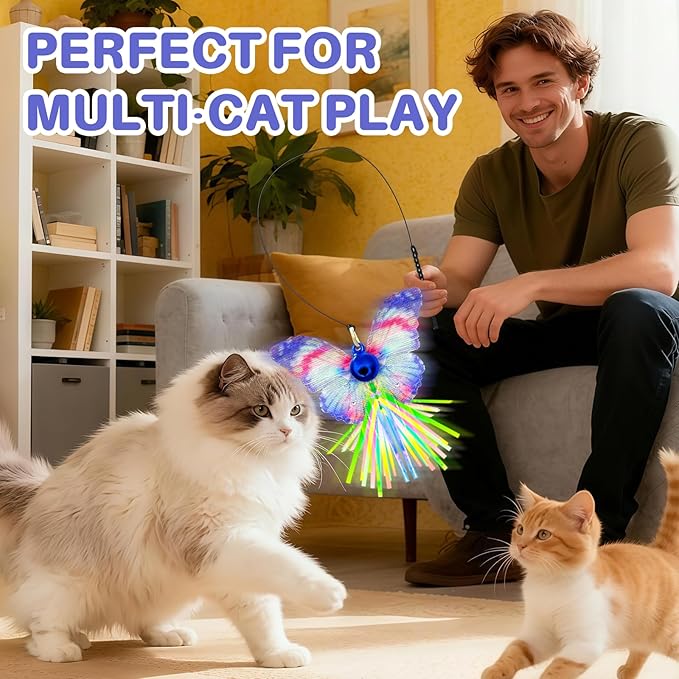 Walfront Interactive Cat Wand Toy with Butterfly Attachments, 3-Pack Cat Teaser Wands with Stable Base, Hands-Free Self-Play Indoor Exercise Toy for Kittens & Adult Cats