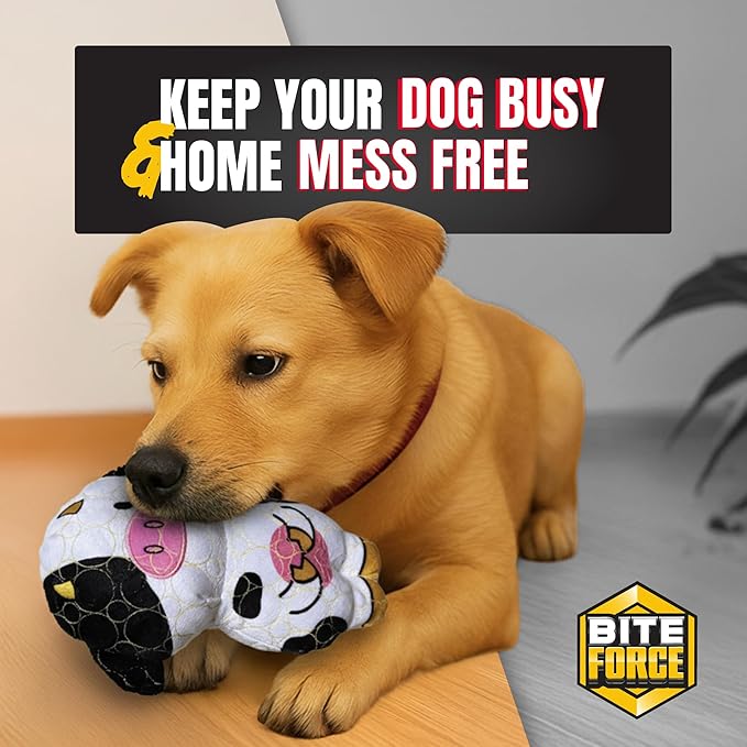 Bite Force -Durable & Strong Dog Toy Cow with Squeaker, Kevlar-Reinforced for Aggressive Chewers for Small Medium Large Dogs - White and Pink.