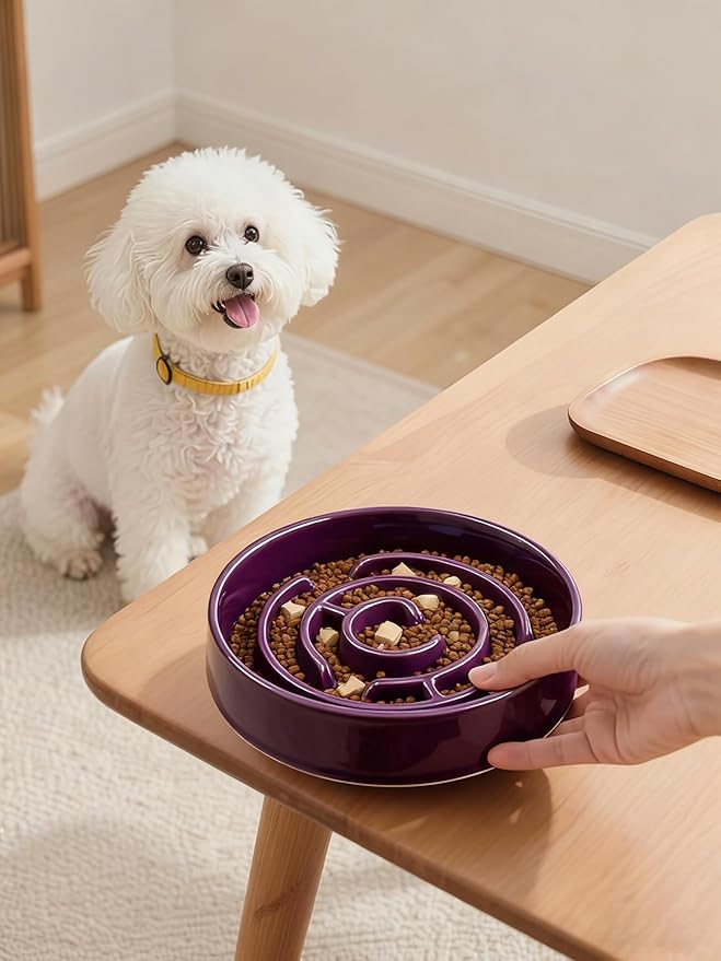 Ceramic Slow Feeder Dog Bowl,1.5 Cups Pet Slow Feeder for Small and Medium Breed,Puzzle Dog Food Dish,Anti-Gulping,Stop Bloat,Preventing Choking(Purple)