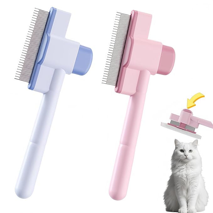 Pet Comb-2 Pack,Flea Comb for Cats&Dogs Cleaning Removal Comb Pet Hair Gentle with Release Button,Kittens Pet Comb to Groom Hair and Knots (Pink & Blue)