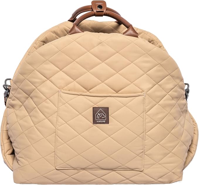 4 Cats & Dogs Mew Mew Travel Pet Bed – Soft Carrier for Small Dogs & Cats, Water-Resistant Quilted Shell, Adjustable Belts for Car Travel, Anti-Slip Bottom, Portable Pet Bed & Travel Bag - Caramel