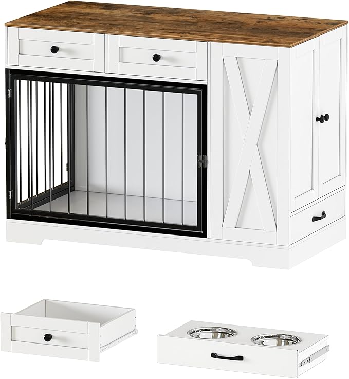 PAKASEPT Dog Crate Furniture, Dog Crate for Small to Large Dogs with Storage Cabinet and Feeder, Dog Kennel Furniture with Double Doors for Small/Medium/Large Dog