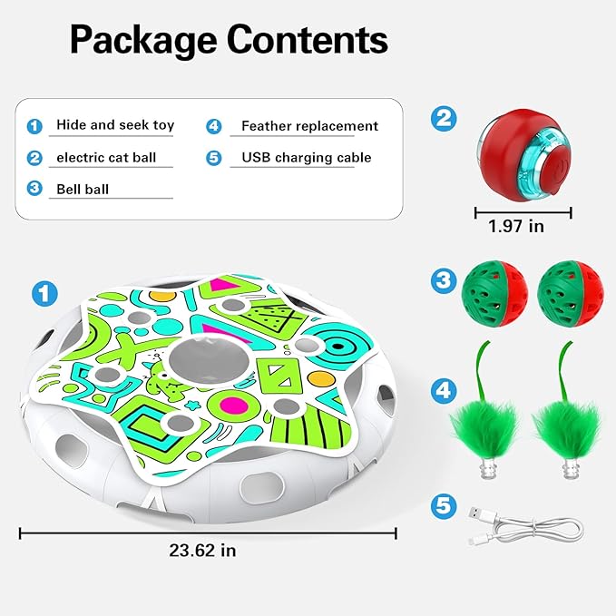 Interactive Cat Toy Playset, Hide and Seek Toy with Motion Activate Cat Ball, 2 Kitten Toys Bell Ball, Exercise Toys for Indoor Bored Adult Cats