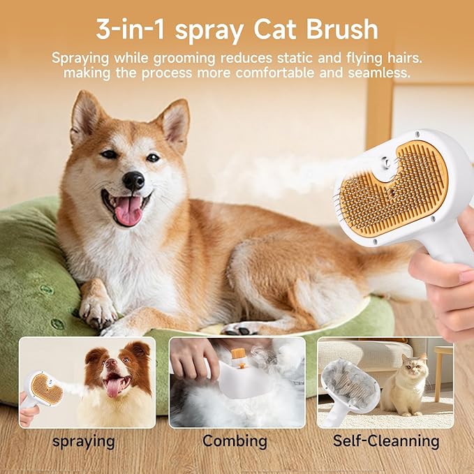 Pet Steam Brush for Dog & Cat – 3-in-1 Spray Hair Removal Comb – Steam for Shedding & Grooming – Water Brush for Long & Short Haired Pets – Spritz Defur Comb – Includes Waterless 2*Shampoo