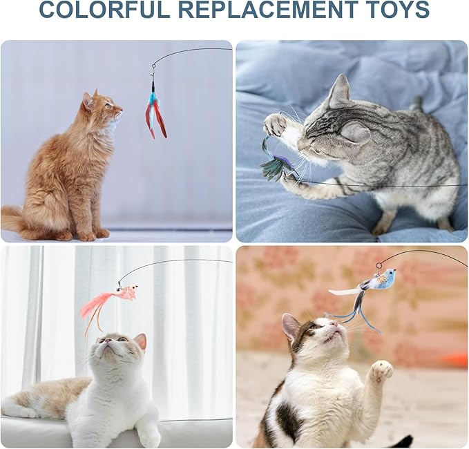 Interactive Bird Simulation Cat Toy Set -2 Teaser Poles, 4 Replacement Birds, 1 Feather & 1 Mouse - Self-Stick Base for Realistic Hunting Fun