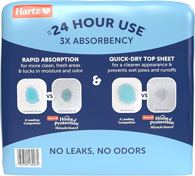 Hartz Home Protection Miracle Guard Dog Pads, Regular Size 50 Count, 3X Absorbency & 3X Longer use, Won't Leak and Odor Eliminating