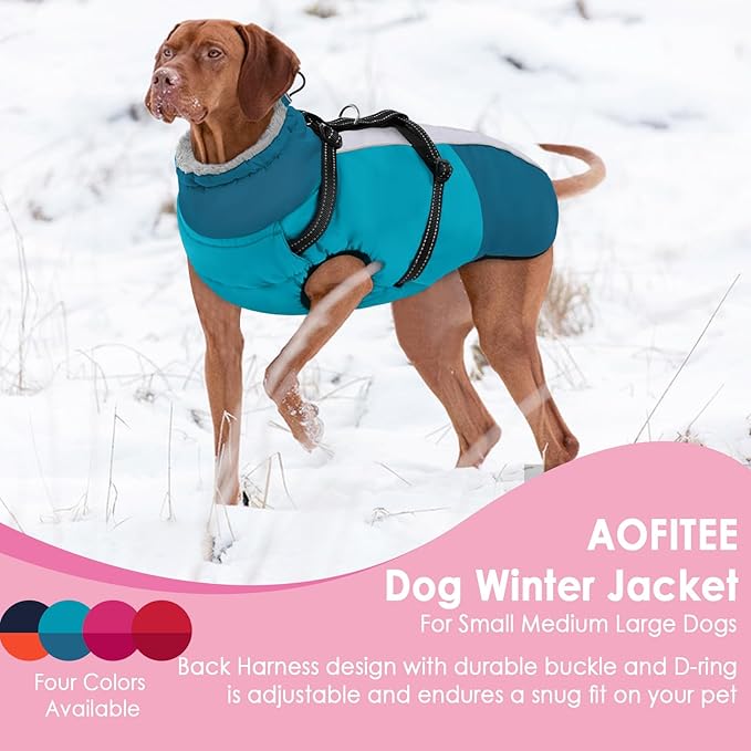 AOFITEE Dog Coat for Large Dogs, Waterproof Dog Winter Jacket with Built in Harness, Warm Turtleneck Cold Weather Coats Large, Reflective Fleece Lined Snow Jacket for French Bulldog, Boston Terrier, L