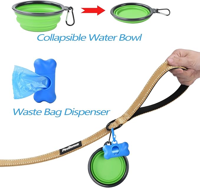 PetBonus Double Dog Leash, No Tangle Dual Leash, Reflective Walking Training Lead, 4 Comfortable Padded Handles for 2 Dogs with Collapsible Bowl and Waste Bags (Light Khaki, Large)