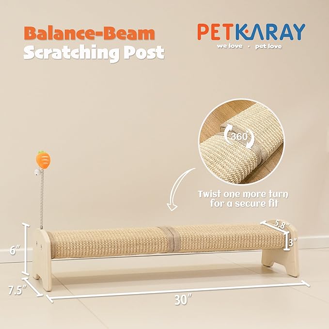 PETKARAY Horizontal Scratching Post, 30" Sisal Cat Scratch Pad, Large Floor Mounted Cat Scratcher with Spring Toy, Protect Furniture for Indoor Kitten