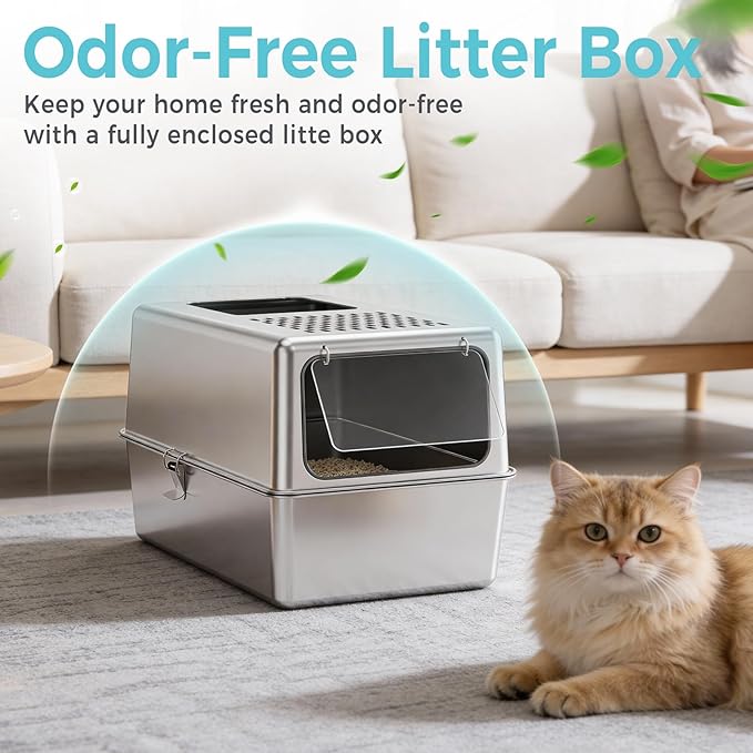 Large Enclosed Stainless Steel Litter Box with Lid, 19.7"x13.8"x13.8" High Sided Metal Cat Litter Box for Indoor Cats, Covered Dog Proof Kitty Litter Pan, Odor Free Tray, Non Sticky, L