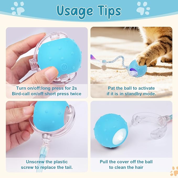 Interactive Smart Motorized Cat Toy Ball -Chirping, 2 Tails & 2 Speeds, USB Rechargeable Motion Activated Self Play Toy for Bored Indoor Cats & Kittens, Hunting Chase Teaser for Exercise & Enrichment