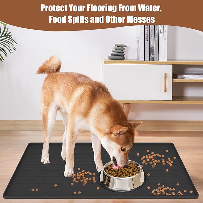 18"x12" Dog Food Mat, Silicone Dog and Cat Mats for Food and Water Bowls, Waterproof Raised Edge Pet Feeding Mat for Contain Spills Protects Floors, Multiple Colors & Sizes for Pets, Light Gray