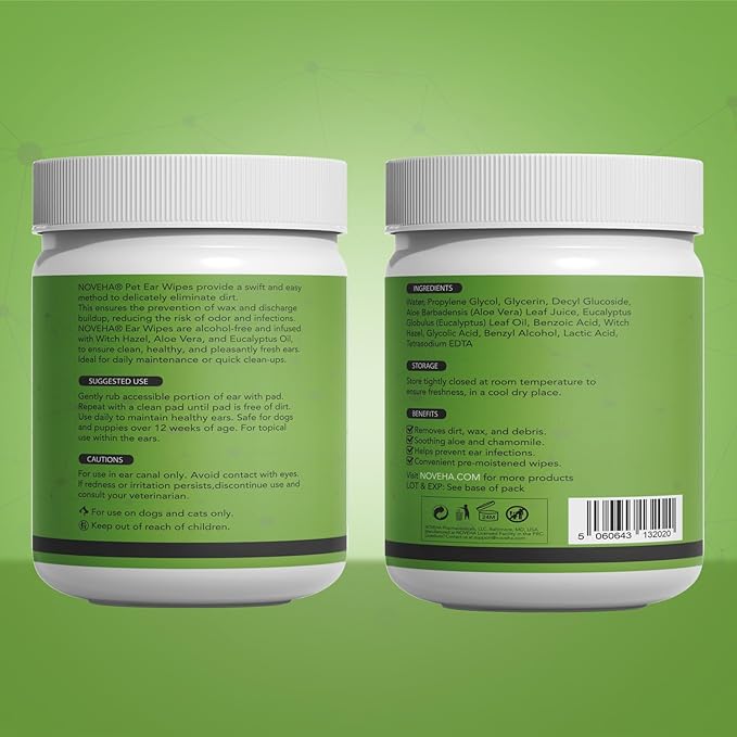 NOVEHA 150PCs Dog Ear Cleaner Wipes, Daily Ear Cleaner for Dogs & Cats - Stop Ear Itching with Aloe, Eucalyptus & Witch Hazel Ear Wipes for Dogs - for Odor Control, Dirt and Wax Removal, Unscented