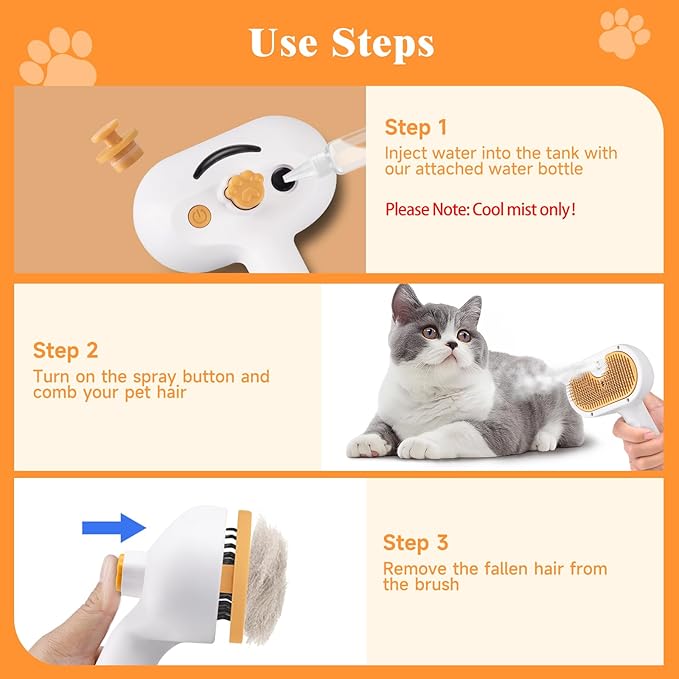 Pet Steam Brush Dog Cat 2025 New Grooming Comb for Shedding, Floating Hair, Smooth & Detangling, Gentle Cool Mist Softens Hair Reduces Static Helps Pets Who Dislike Bathing,Includes 2*Shampoo