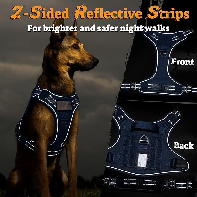 rabbitgoo Dog Harness for Large Dogs No Pull, Tactical Service Pet Vest with Molle and Control Handle, Adjustable and Reflective Military Harness for Easy Walking and Training, Blue, L