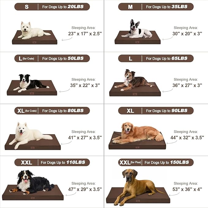 Outdoor Waterproof Dog Bed, Big Dog Bed for Large Size Dogs, Orthopedic Egg Crate Foam Pet Bed with Washable Removable Oxford Cover, 36x27 Inch, Brown