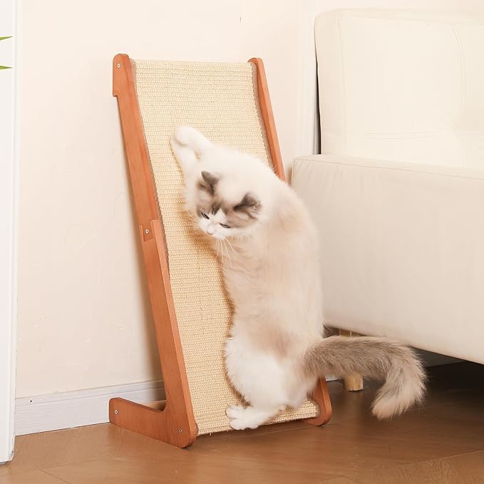 Extra-Larger-28.5" Sisal Cat Scratcher of L-Shaped Solid Wood Cat Scratching Post - Beechwood Base, Natural Sisal Woven Scratching Pad, Durable, Furniture Protector for Cats' Clawing and Play