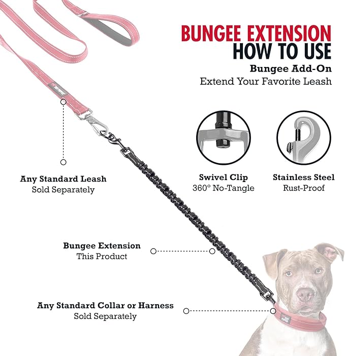 Add-On Accessory Large Size Bungee Leash Extension | Extends Hands Free Leashes by Two Feet | Requires Purchase of Hands Free Bungee Leash for Large Dogs Sold Separately