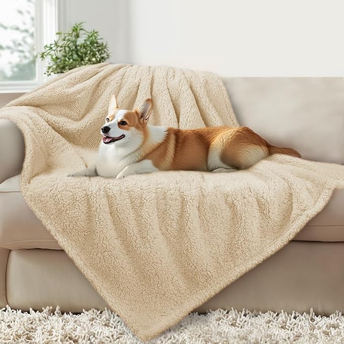 Luciphia Waterproof Pet Blanket for Medium Large Dogs Soft Cat Sherpa Calming Thick Cover Leakproof Cozy Puppy Sofa Bed Car Couch Protector(Beige,80x63 inches)