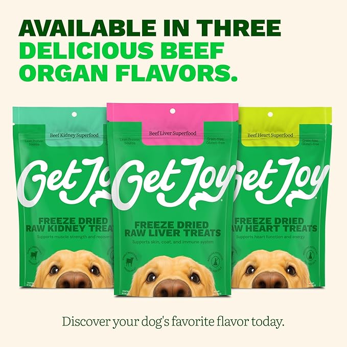 Get Joy Freeze Dried Superfood 100% Beef Liver Dog Treats, 4 Ounce Bag (Pack of 3), Single Ingredient Organ Meat, High Protein, Vision, Skin & Coat Health, Grain Free, Gluten Free, Made in USA
