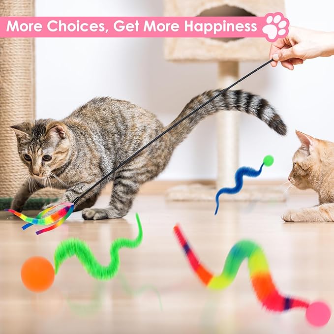 SHENGSEN Feather Wand Cat Toy,Bouncy Ball with Tail Cat Toys,Magic Worm with Large Colorful Ball Toy for Cats,Cat Feather Toys for Indoor Cats,Colorful Fuzzy Worm Bouncy Balls Cat Toy (ADM102-B-3A)